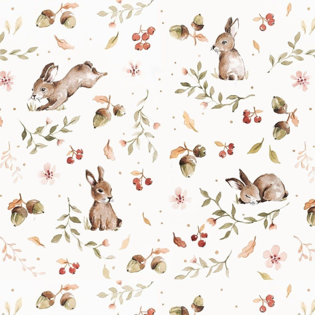 3. Close-up of Dekornik Happy Rabbits wallpaper pattern featuring delicate rabbits, acorns, and floral elements on a matte paper background