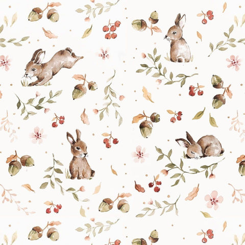 3. Close-up of Dekornik Happy Rabbits wallpaper pattern featuring delicate rabbits, acorns, and floral elements on a matte paper background