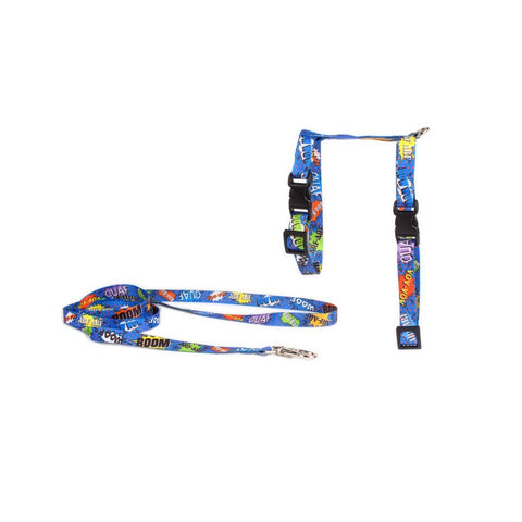 2. Blue graffiti-patterned cat harness and leash set by Matteo, featuring colorful text design on soft material, shown on white background