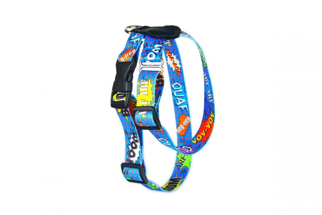 2. Blue graffiti-patterned dog harness with leather accents and nickel-plated hardware, featuring durable plastic adjusters and top buckle, shown on white background