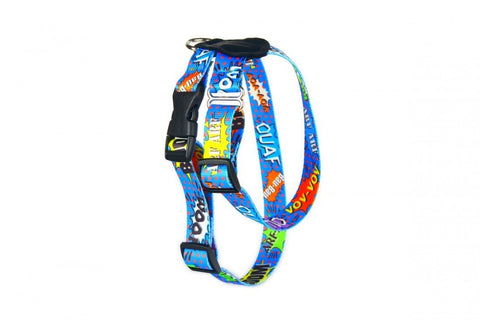 2. Blue graffiti-patterned dog harness with leather accents and nickel-plated hardware, featuring durable plastic adjusters and top buckle, shown on white background
