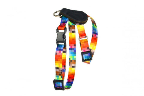 2. Vibrant pixel-design dog harness with adjustable black plastic buckles and leather padding, displayed on a white background