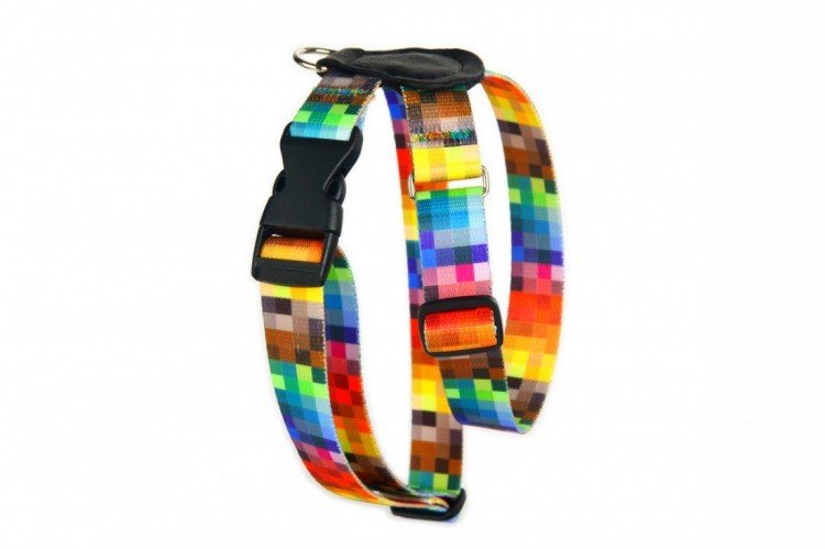 1. Colorful pixel-patterned dog harness with black plastic buckle and nickel-plated hardware, featuring genuine leather accents, shown on a white background