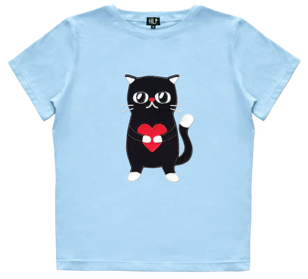 1. Women's Heartful Cat T-Shirt in light blue by HILP, featuring a cute black cat with a red heart, studio shot