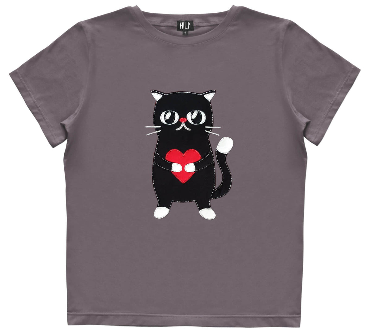 2. Women's Heartful Cat T-Shirt in grey by HILP, showcasing a black cat with a red heart, studio shot