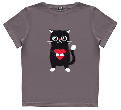 2. Women's Heartful Cat T-Shirt in grey by HILP, showcasing a black cat with a red heart, studio shot