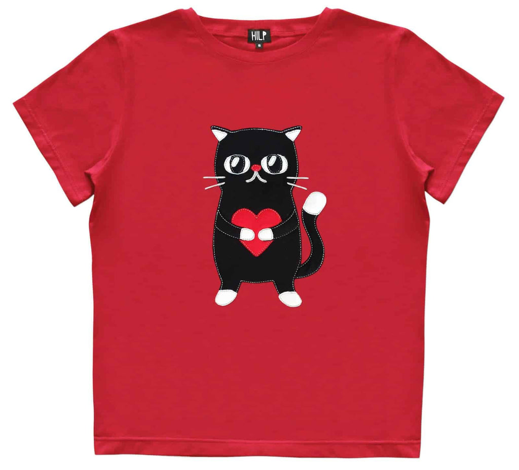 4. Women's Heartful Cat T-Shirt in red by HILP, featuring a black cat with a red heart, studio shot