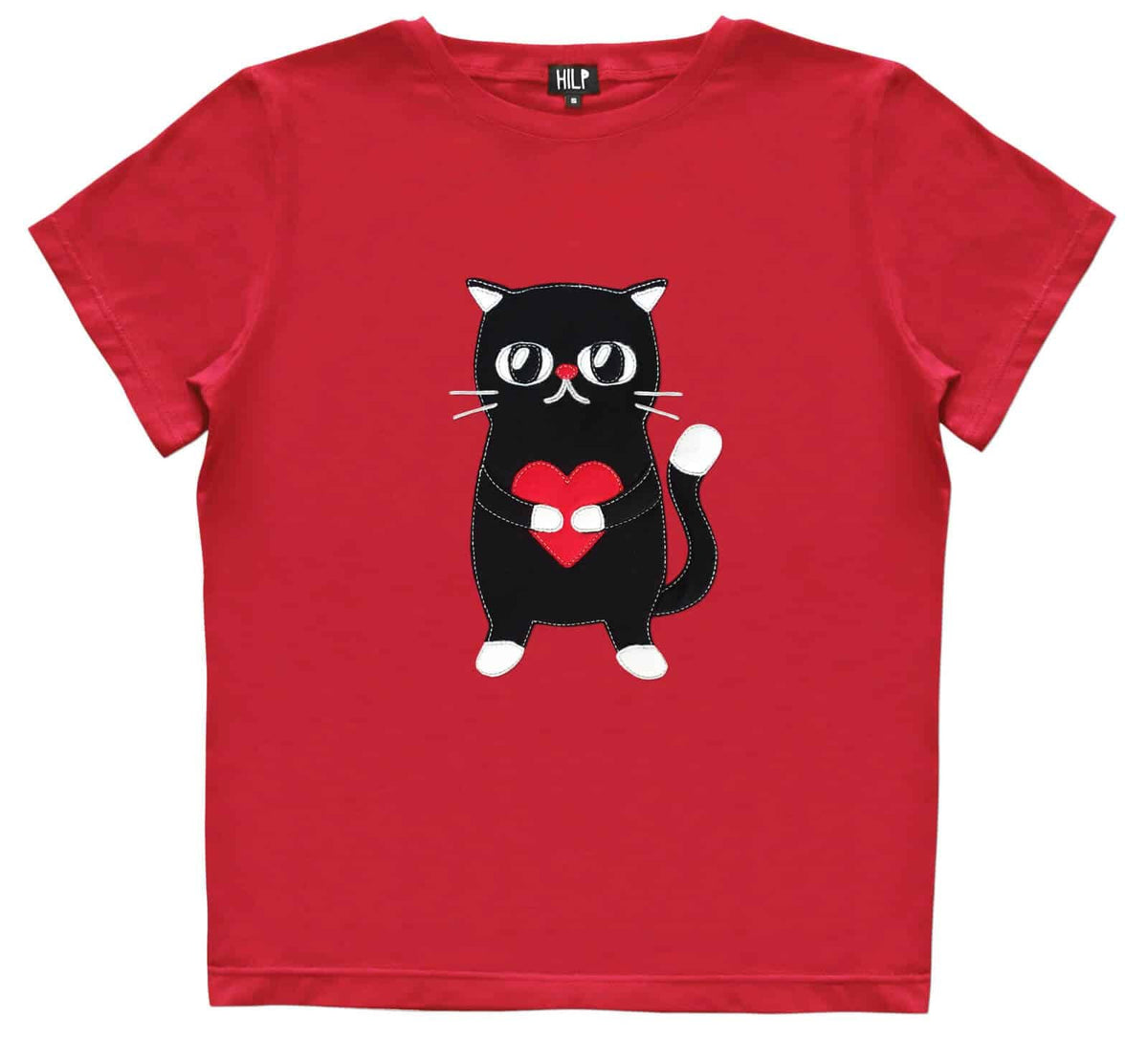 4. Women's Heartful Cat T-Shirt in red by HILP, featuring a black cat with a red heart, studio shot