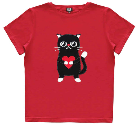 4. Women's Heartful Cat T-Shirt in red by HILP, featuring a black cat with a red heart, studio shot