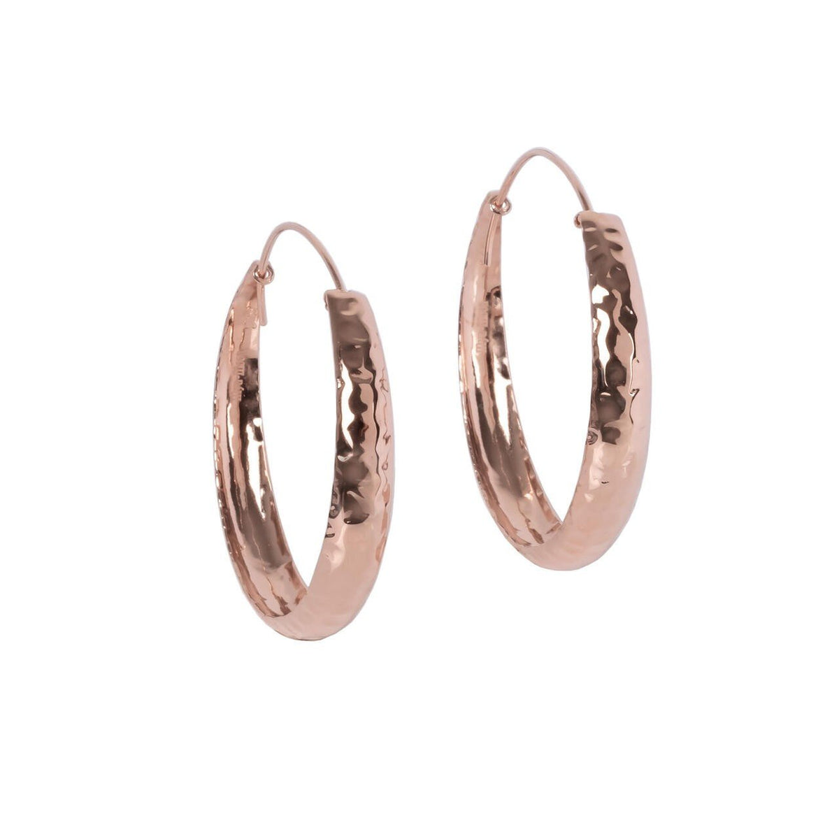 2. MyaMoon Helena Hoops Earrings in rose gold and silver, studio shot showing polished surface and click fastening