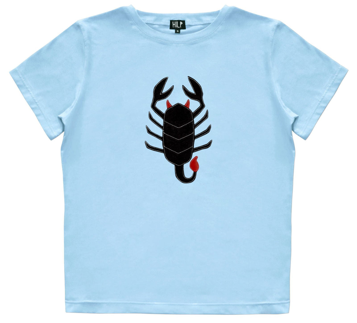 3. Women's Scorpio T-shirt by HILP in light blue, with a black scorpion design, studio shot