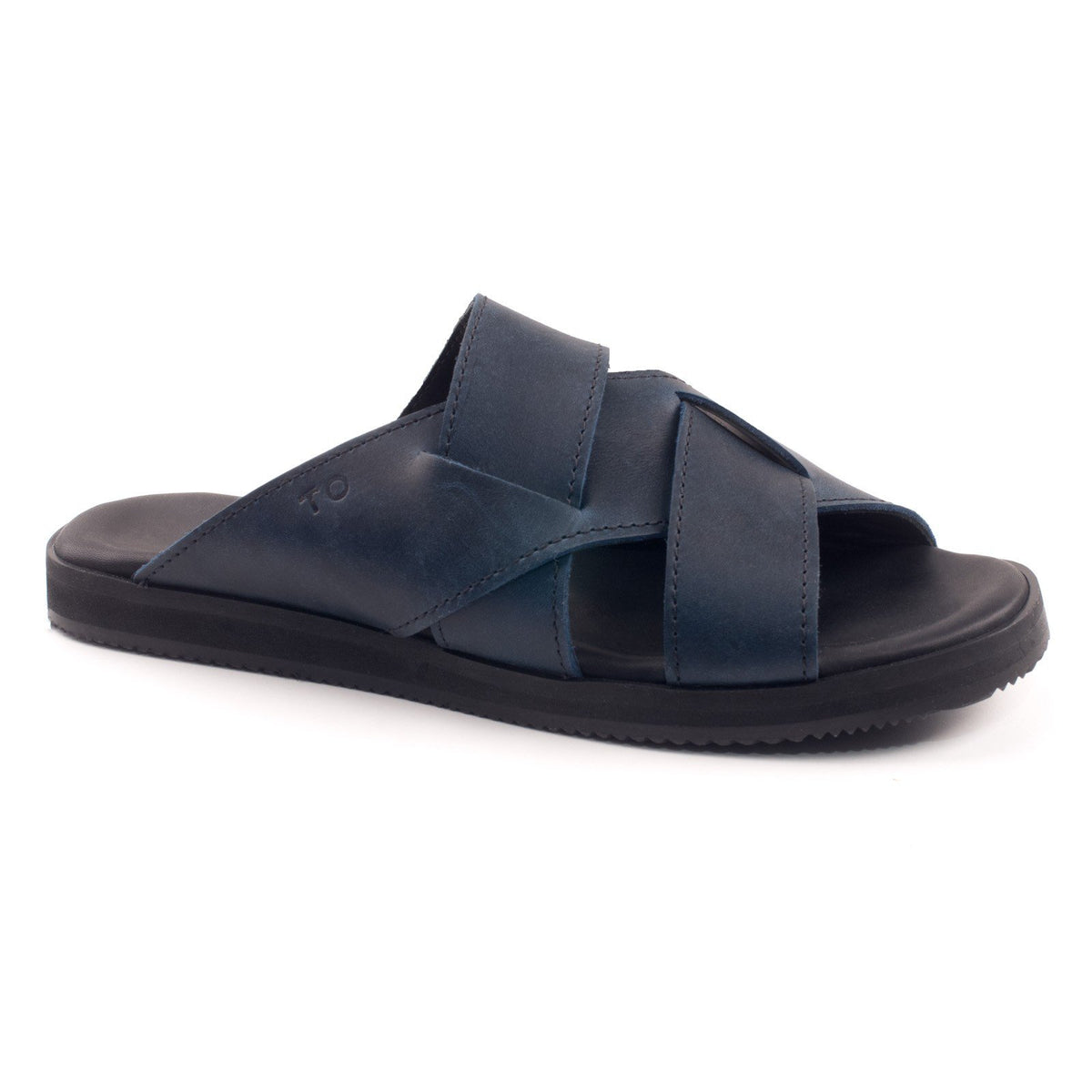 2. Studio shot of women's navy Helsinki sandals by Omaking with genuine leather straps