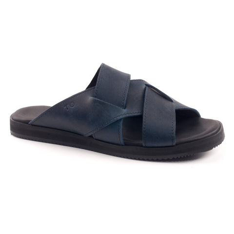 2. Studio shot of women's navy Helsinki sandals by Omaking with genuine leather straps