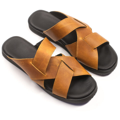 3. Pair of women's Helsinki sandals in ocre, showing genuine leather upper and flexible straps