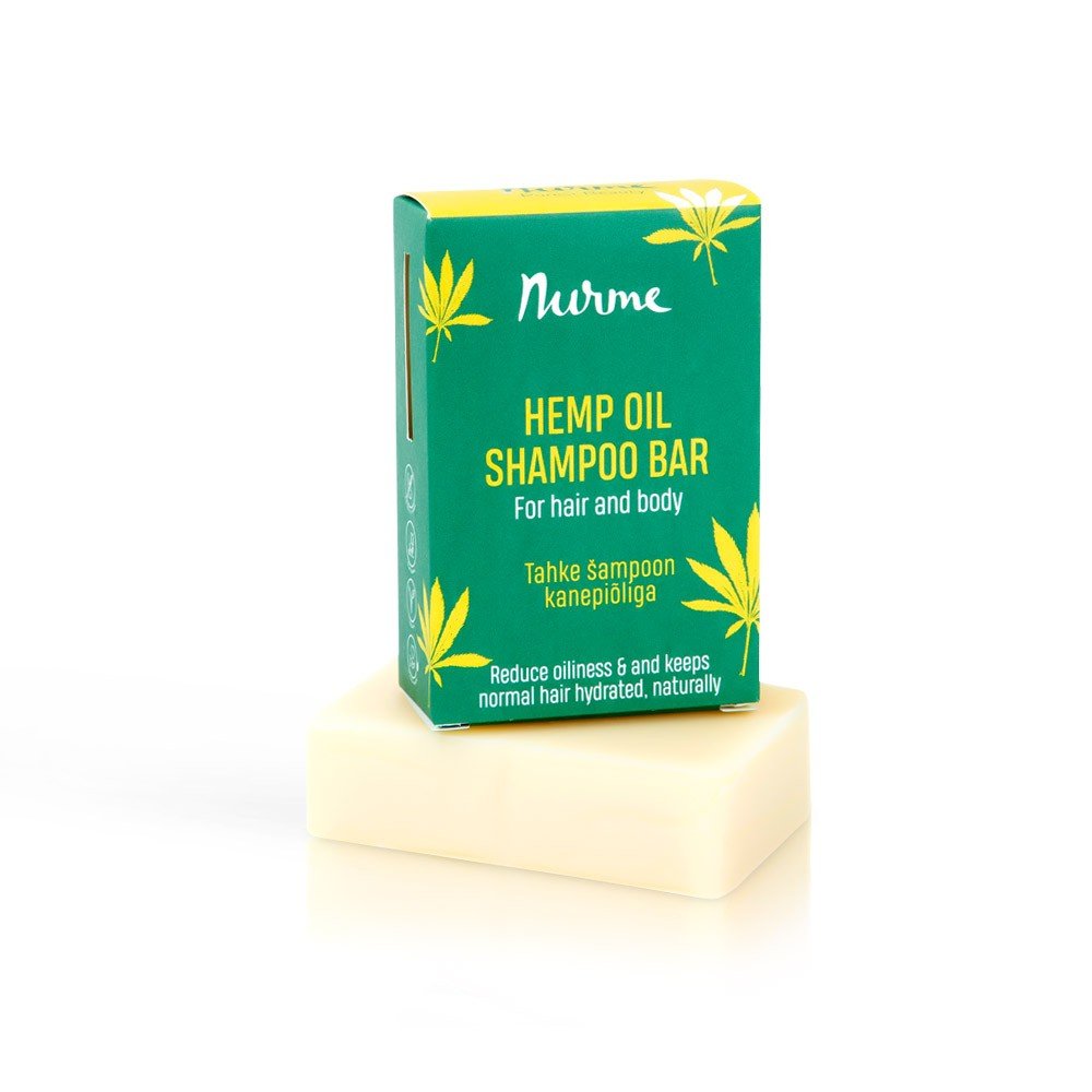 2. Nurme Hemp Oil Shampoo Bar with green packaging and white bar on clean white background