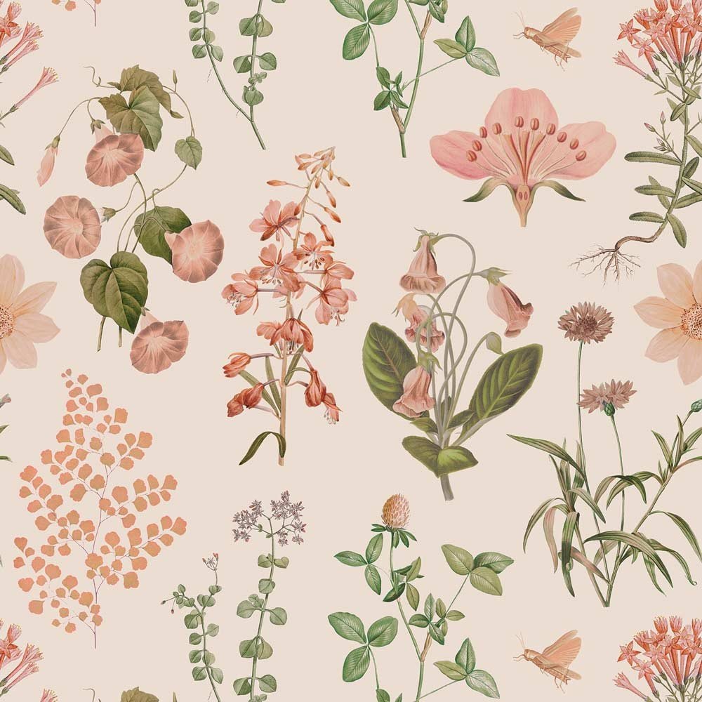 2. Close-up of Dekornik wallpaper featuring pastel green and salmon floral and herb illustrations on matte paper