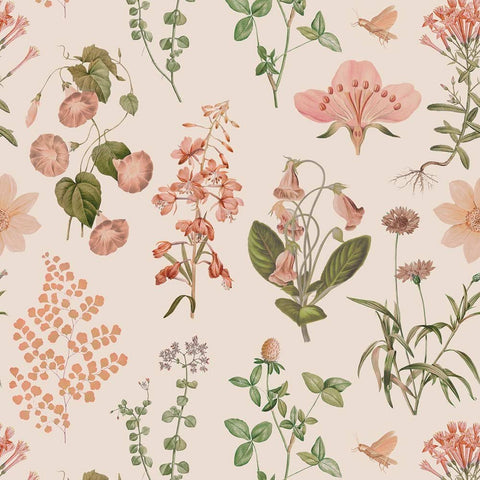 2. Close-up of Dekornik wallpaper featuring pastel green and salmon floral and herb illustrations on matte paper