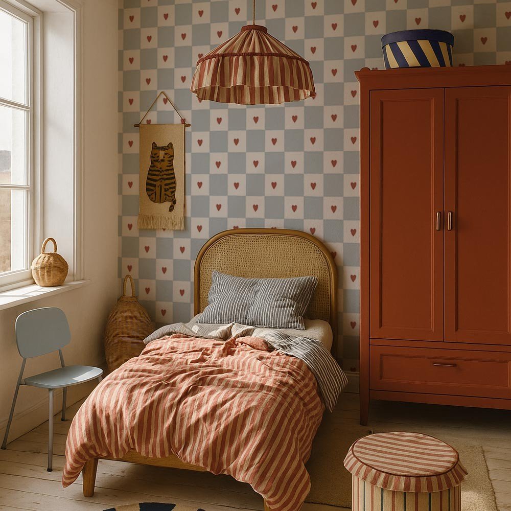 1. Children's bedroom with French Hearts Check Wallpaper by Dekornik, featuring blue and white checkered pattern with red hearts, wicker bed, and orange wardrobe