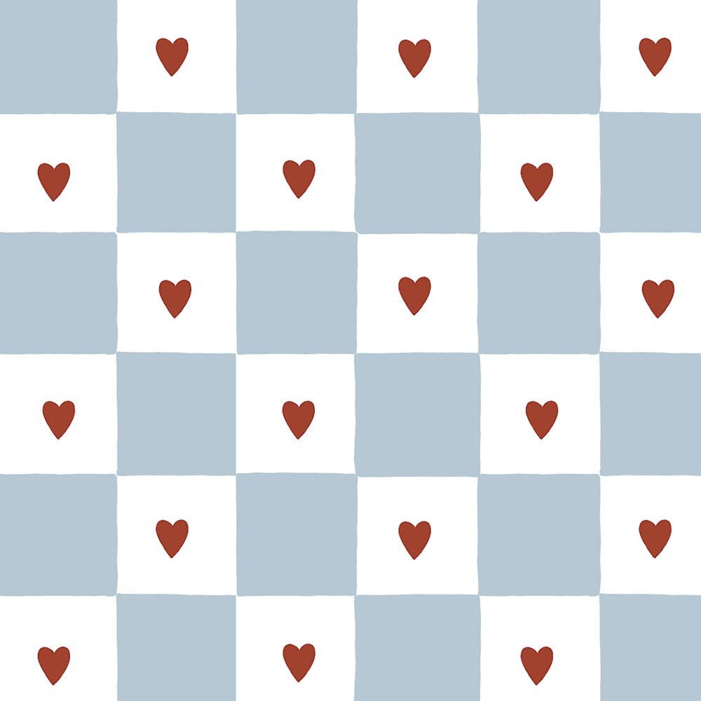 3. Close-up of French Hearts Check Wallpaper by Dekornik showing detailed blue and white checkered pattern with red hearts