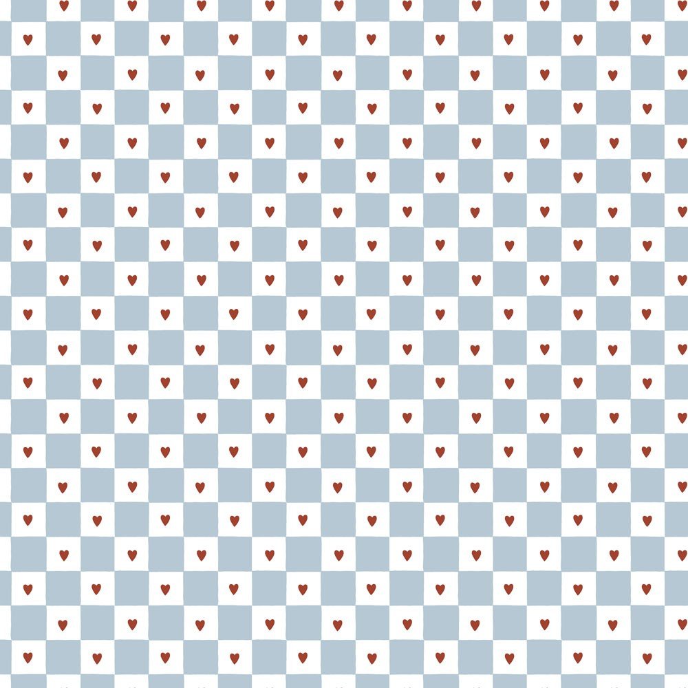 2. French Hearts Check Wallpaper by Dekornik with repeating blue and white checkered pattern interspersed with red hearts