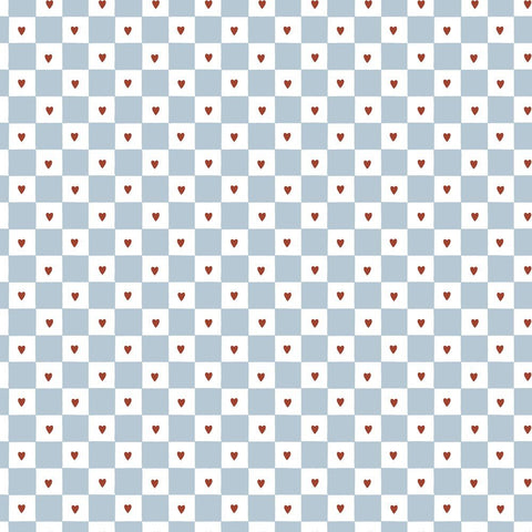 2. French Hearts Check Wallpaper by Dekornik with repeating blue and white checkered pattern interspersed with red hearts