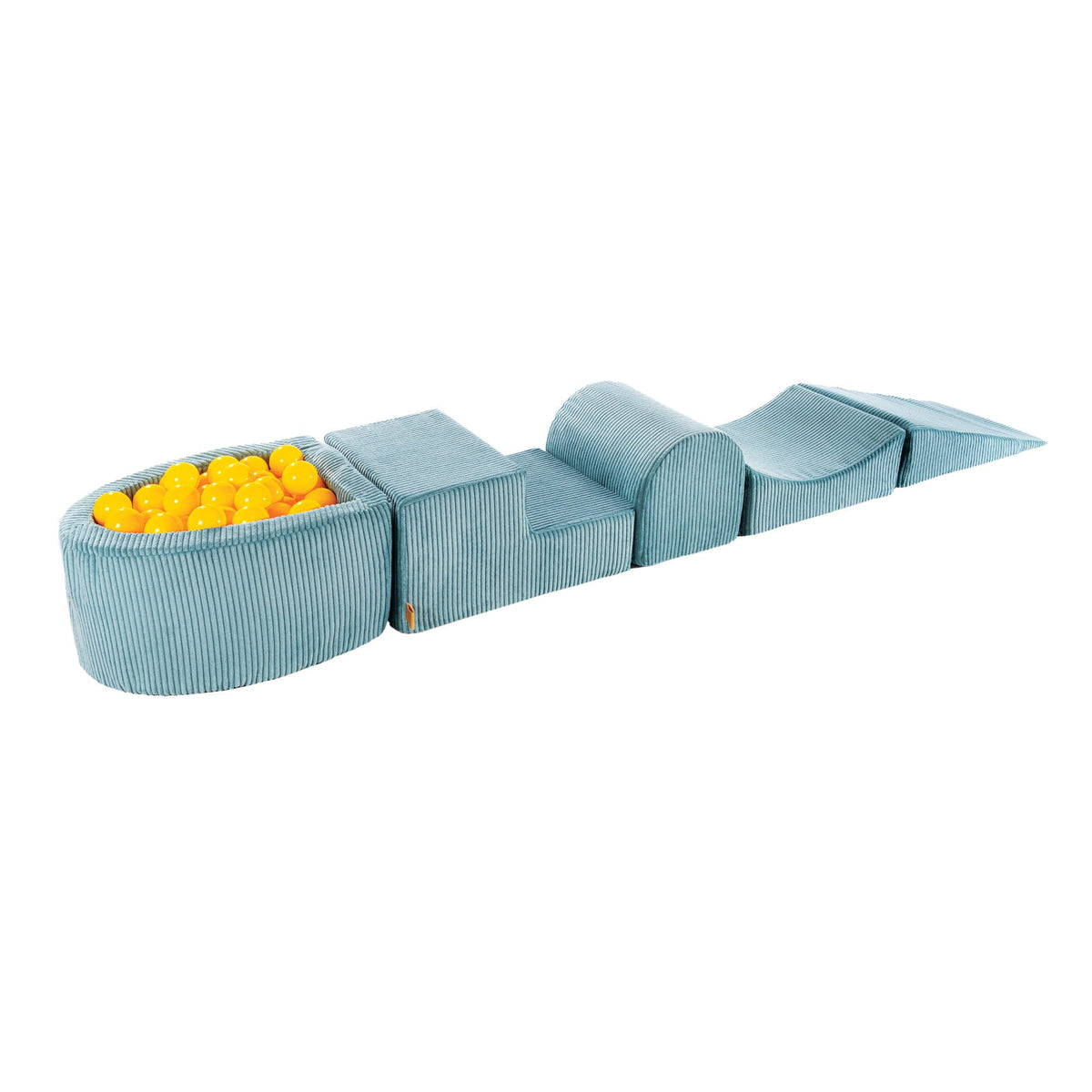 1. MeowBaby turquoise and yellow playset with small ball pit and five foam modules on white background