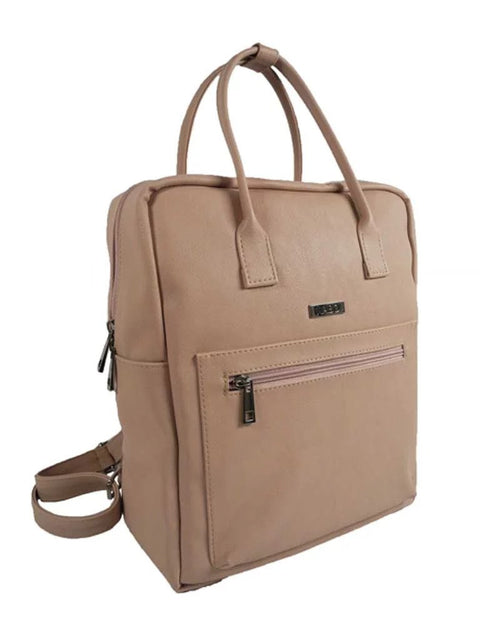2. Nabo City Backpack L2369 in beige synthetic material featuring front zipper pocket and adjustable straps, studio view