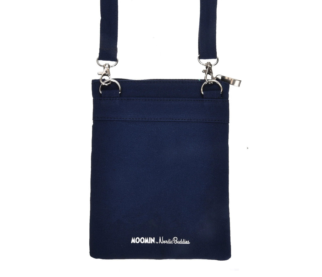 2. Back view of Moomin by NordicBuddies navy blue neck/passport bag showing brand logo and sturdy canvas material