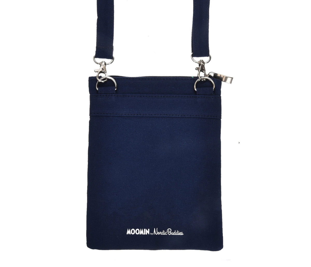 2. Back view of Moomin by NordicBuddies navy blue neck/passport bag showing brand logo and sturdy canvas material