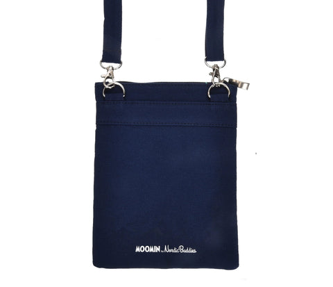 2. Back view of Moomin by NordicBuddies navy blue neck/passport bag showing brand logo and sturdy canvas material