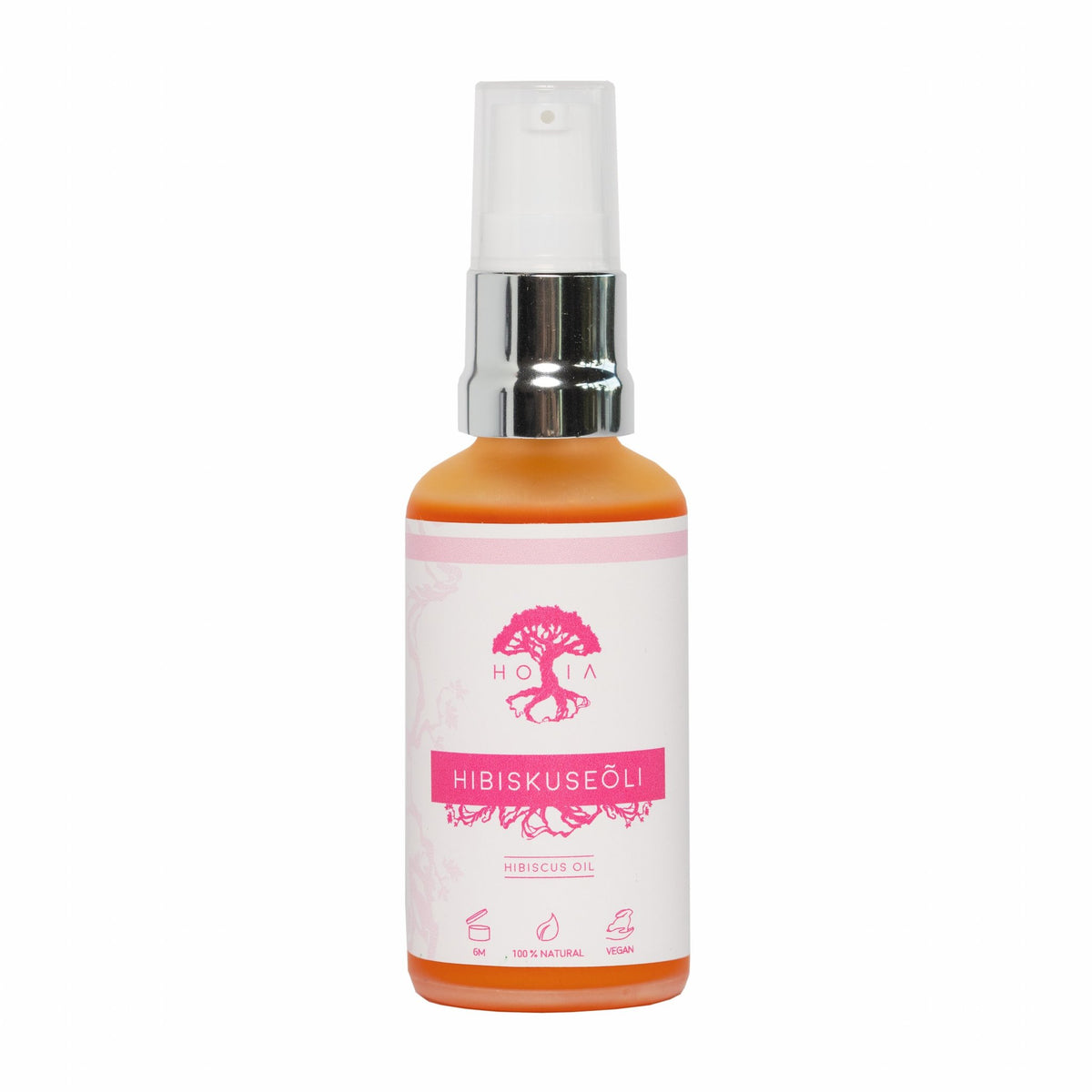 2. Studio image of HOIA homespa Organic Hibiscus Beauty Oil, 50ml, with pink and white label