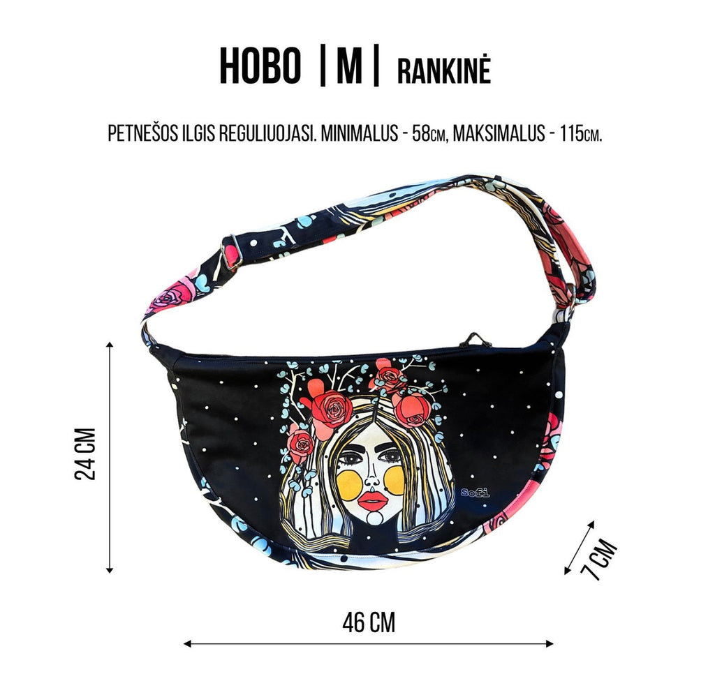 4. Size chart for Garbanota Hobo Bag Heart in size M, showing dimensions and adjustable strap length