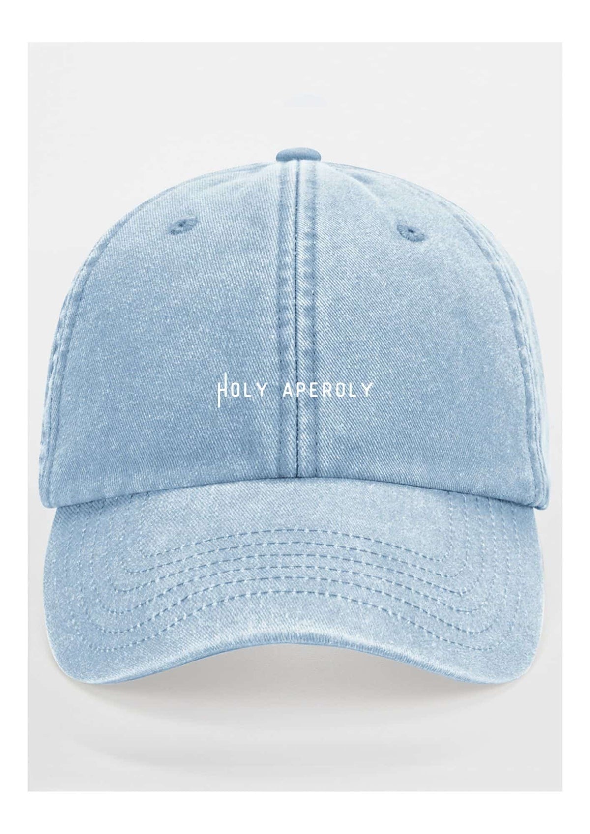 2. Studio shot of pastel blue Holy Aperoly cap by Black Giraffe Brand with white logo on front
