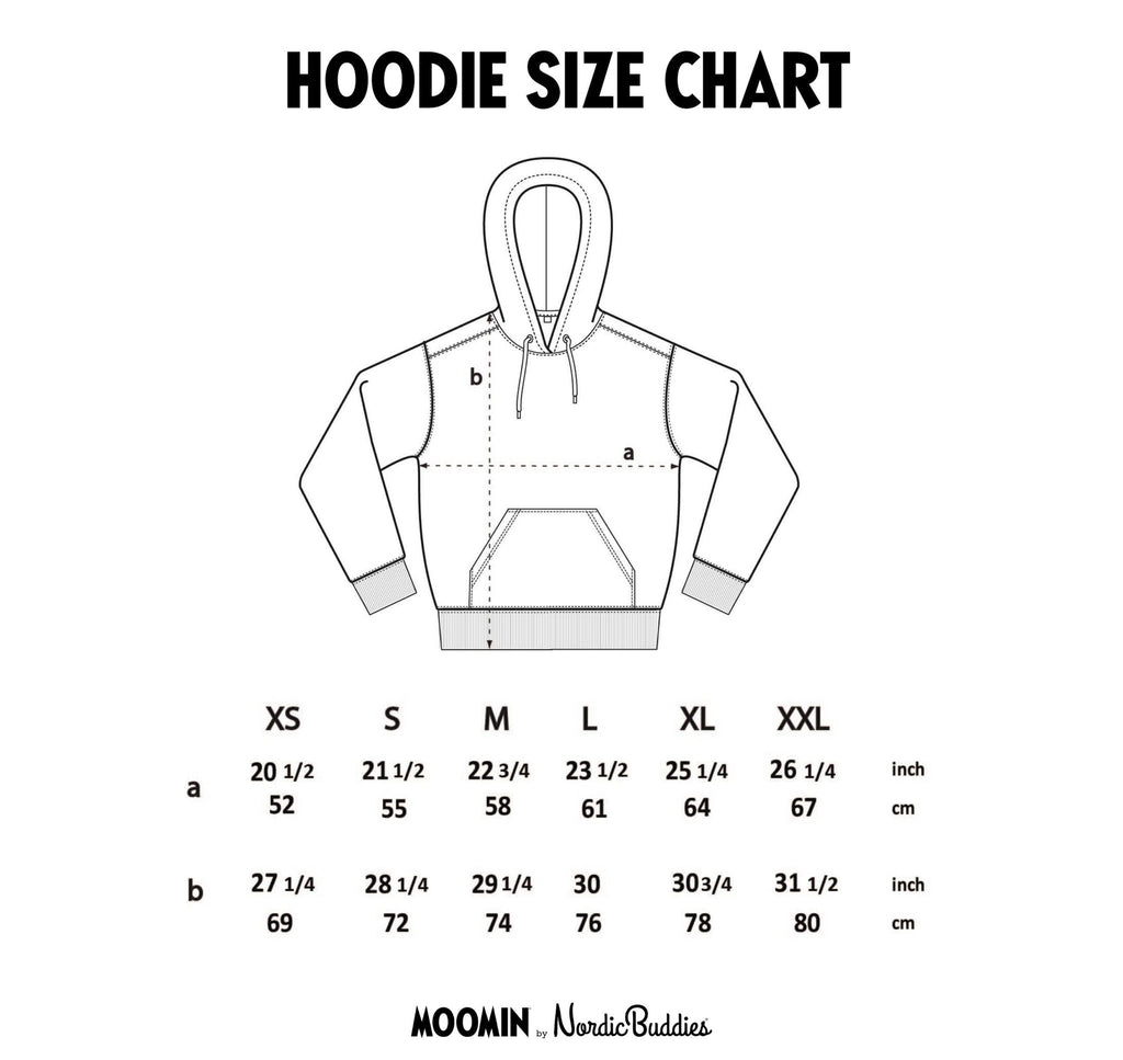 6. Size chart for Moomin unisex hoodie, showing XS–XXL in inches and centimeters