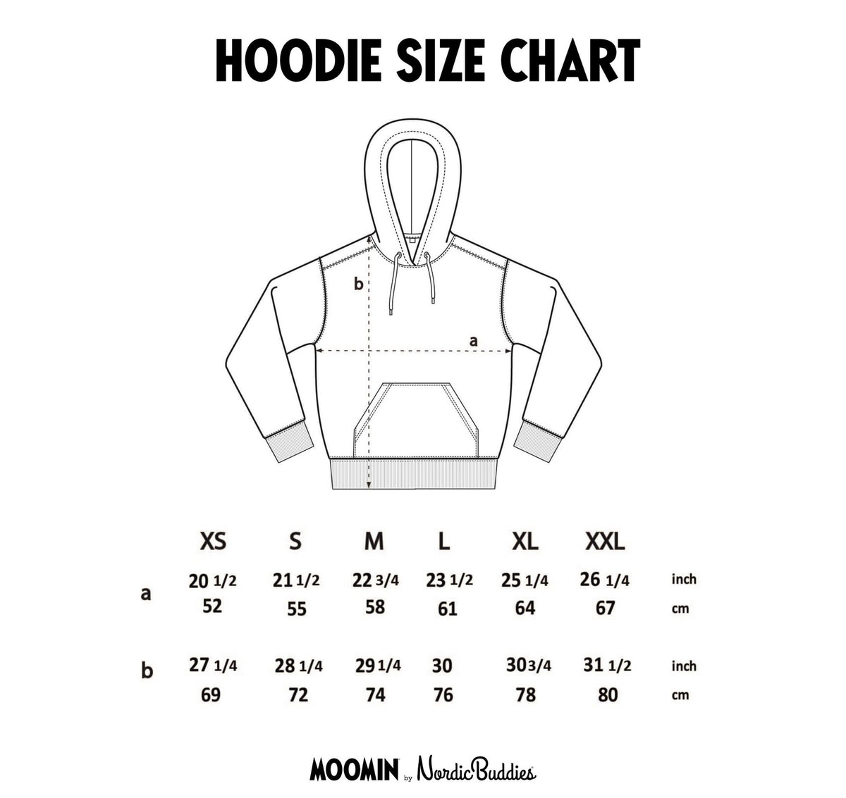 4. Size chart for Moomin by NordicBuddies unisex hoodie, showing XS–XXL measurements in inches and cm