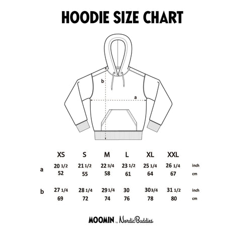 4. Size chart for Moomin by NordicBuddies unisex hoodie, showing XS–XXL measurements in inches and cm