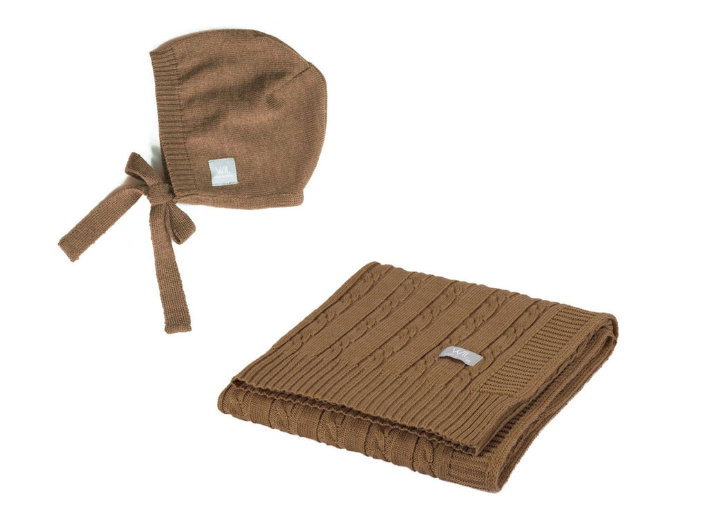 2. Brown cable knit baby blanket and bonnet set with ties on white background