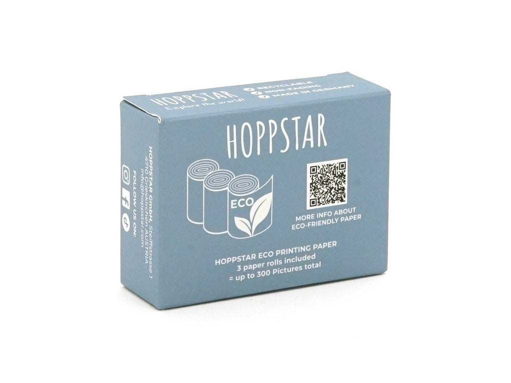 3. Blue Hoppstar Eco paper packaging box with eco-friendly label and QR code on a white background
