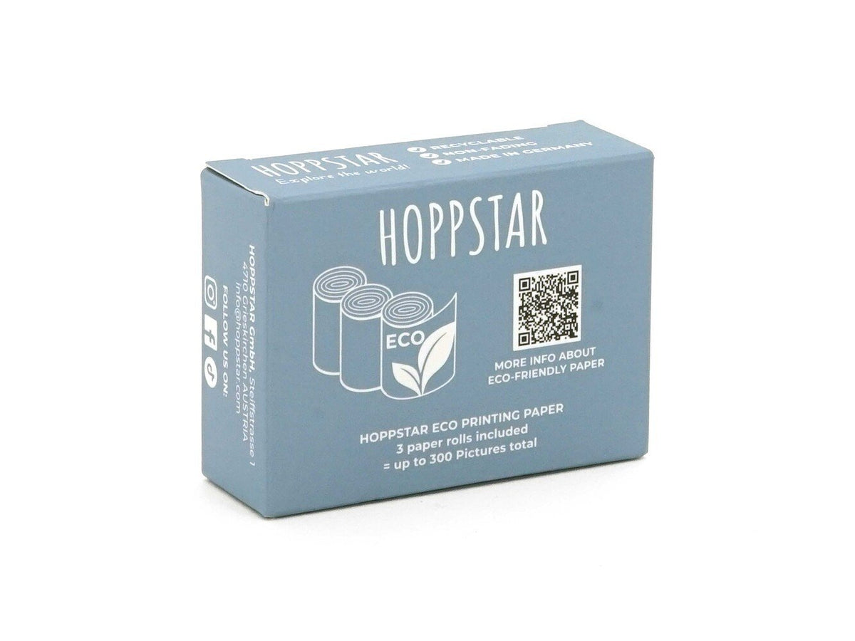 3. Blue Hoppstar Eco paper packaging box with eco-friendly label and QR code on a white background