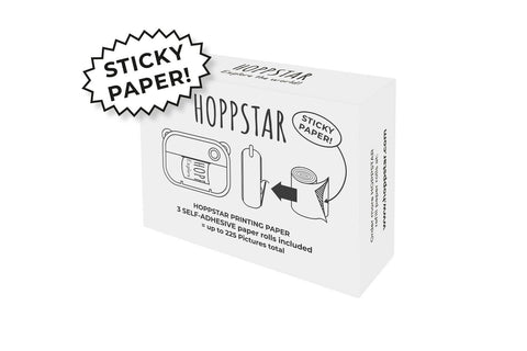 1. Hoppstar packaging box for 3 self-adhesive white paper rolls with illustrations showing usage and text 'Sticky Paper!'