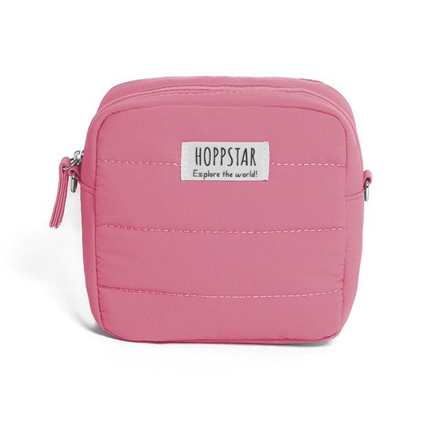 19. Pink Hoppstar camera bag with logo, displayed on white background