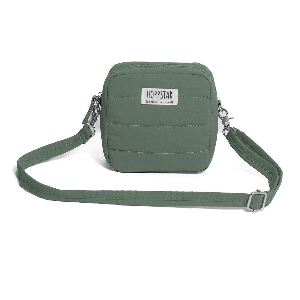 20. Green Hoppstar camera bag with adjustable strap and logo, shown on white background