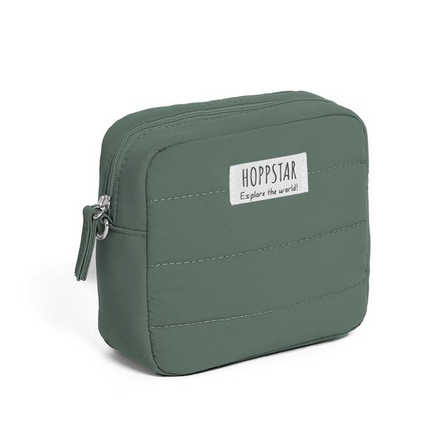 16. Green Hoppstar camera bag with logo, shown from side on white background