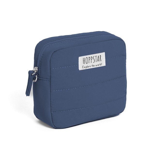 26. Navy Hoppstar camera bag with logo, shown from side on white background