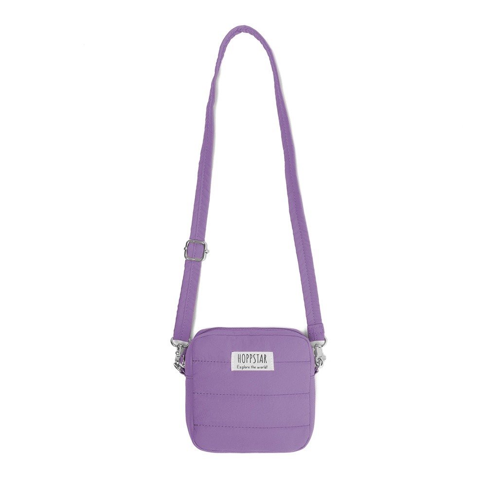 11. Purple Hoppstar camera bag with long strap, displayed on white background