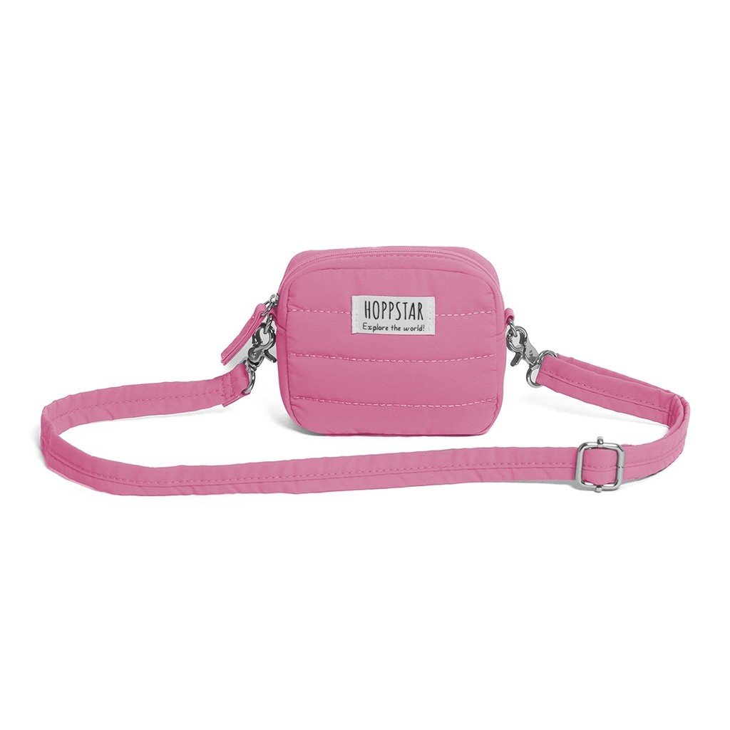 3. Pink Hoppstar camera bag with adjustable strap on white background