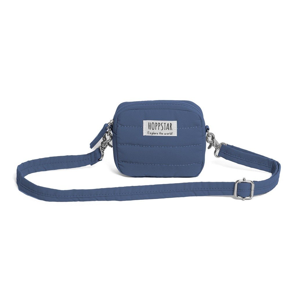 2. Blue Hoppstar camera bag with adjustable strap on white background