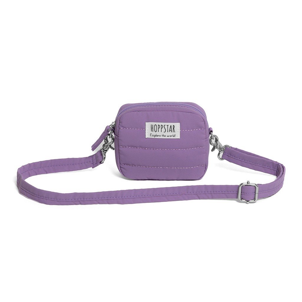 2. Purple Hoppstar camera bag with adjustable strap on white background
