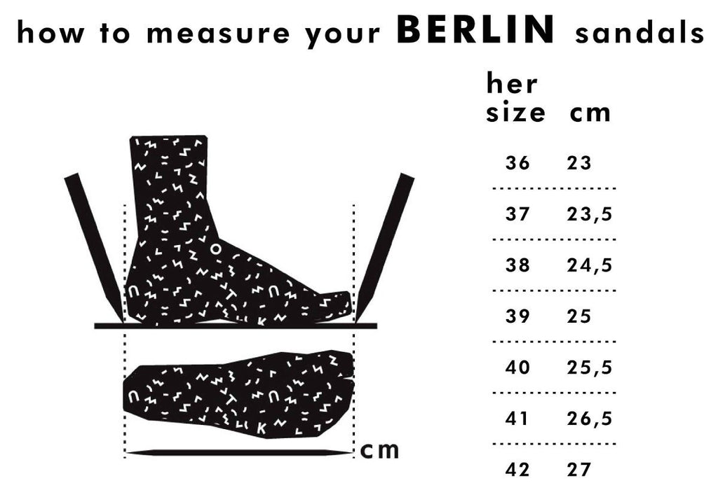 6. Size chart for Berlin sandals by Omaking, showing women's sizes 36 to 42 in centimeters