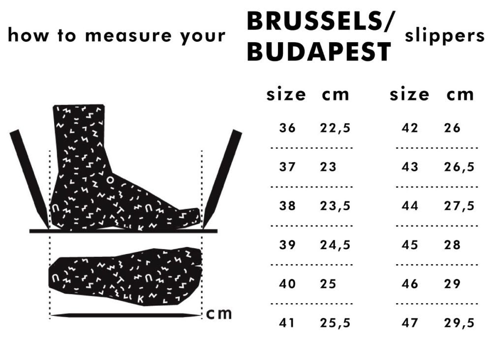 6. Size chart for TOKU Budapest slippers, showing sizes 36 to 47 in centimeters